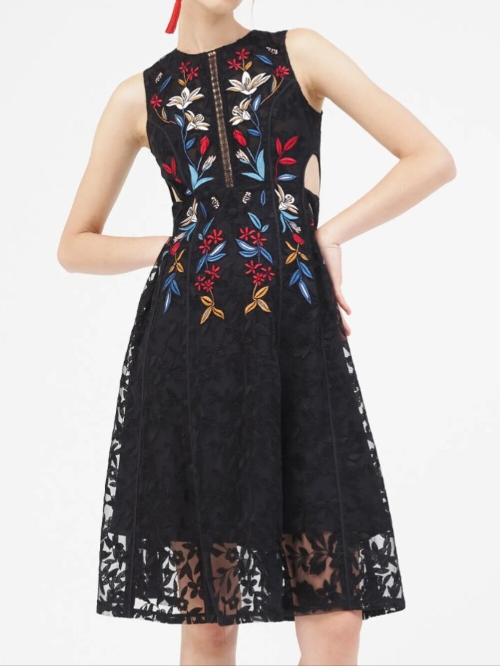 Sachin + Babi Black Lace Midi Dress Multicolor Floral Embroidered Cocktail 4